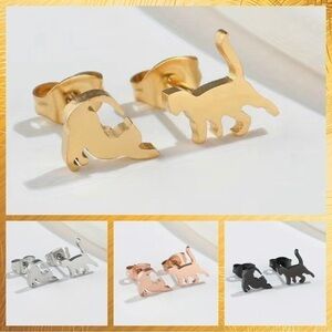 Playful Cats Stainless Steel Stud Small Earrings #1409 (Color: gold)